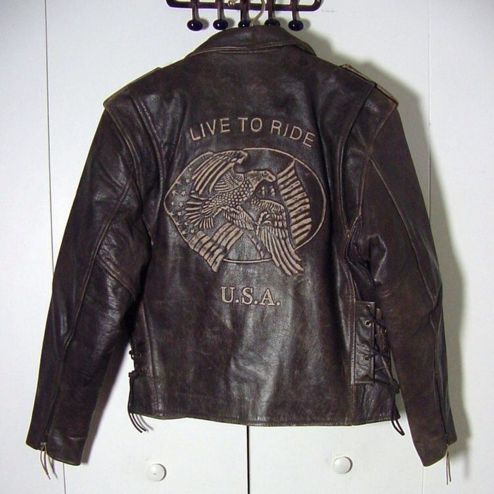 Vtg Brown Leather Gallery Moto Live To Ride Eagle Embossed Leather Jacket Sz L